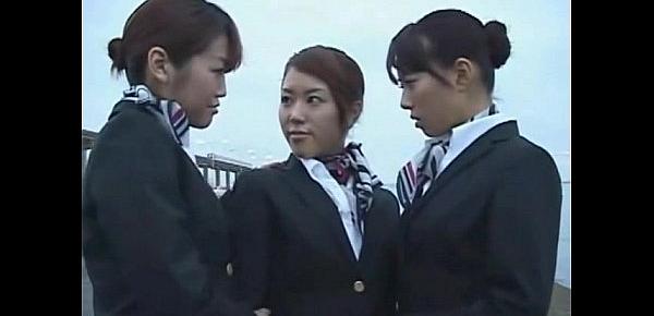  3 Japanese Lesbian Airline Stewardess Girls Kissing!